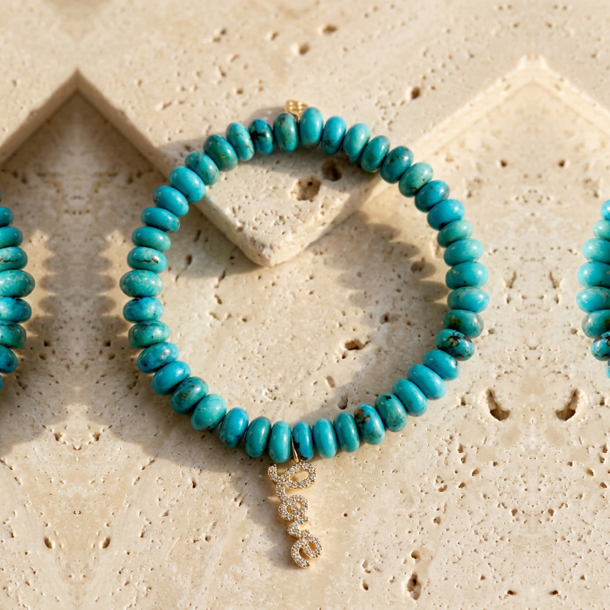 Diamond Love Script Charm on Turquoise Beaded Bracelet by YLANG23