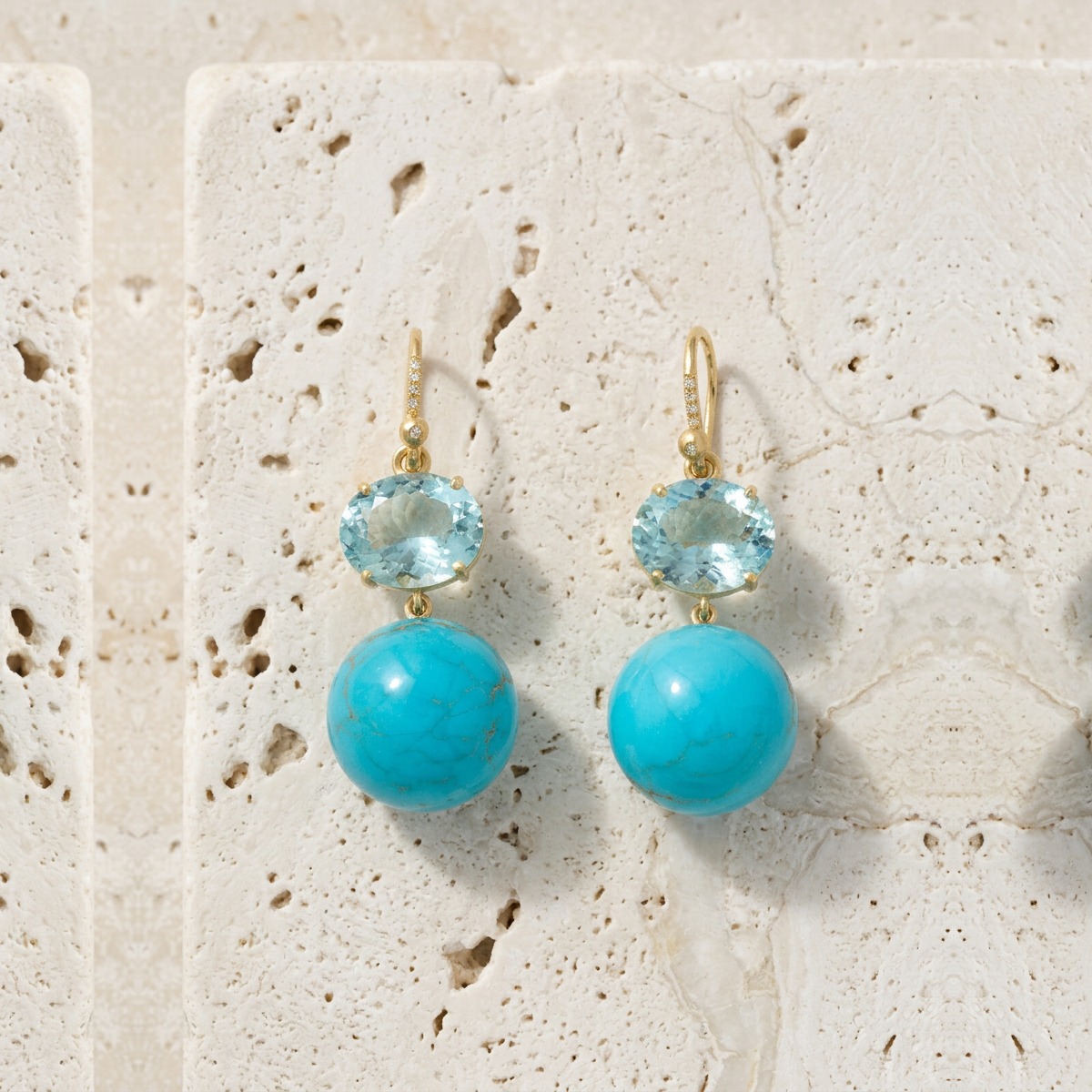 Aquamarine & Turquoise Gumball Yellow Gold Earrings by YLANG23