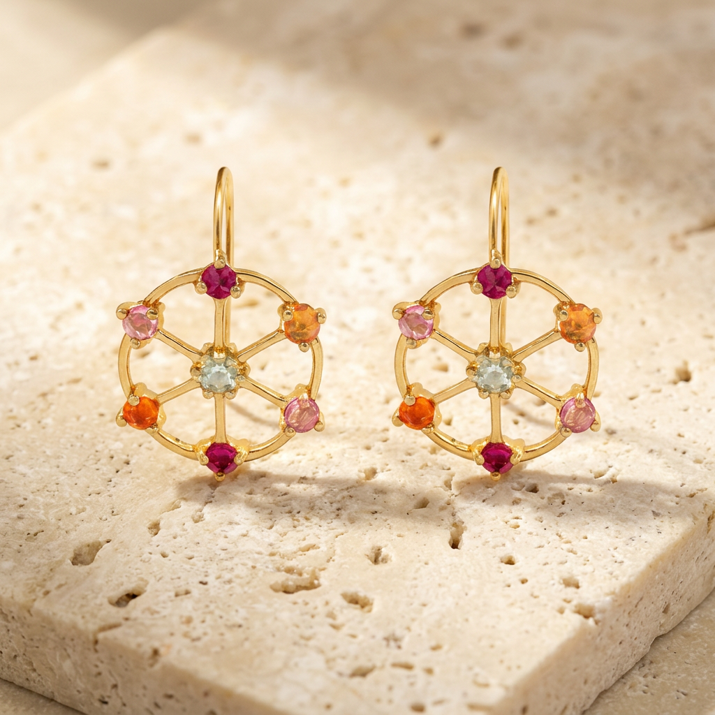 Multi-Stone Small Ferris Wheel Yellow Gold Earrings by YLANG23