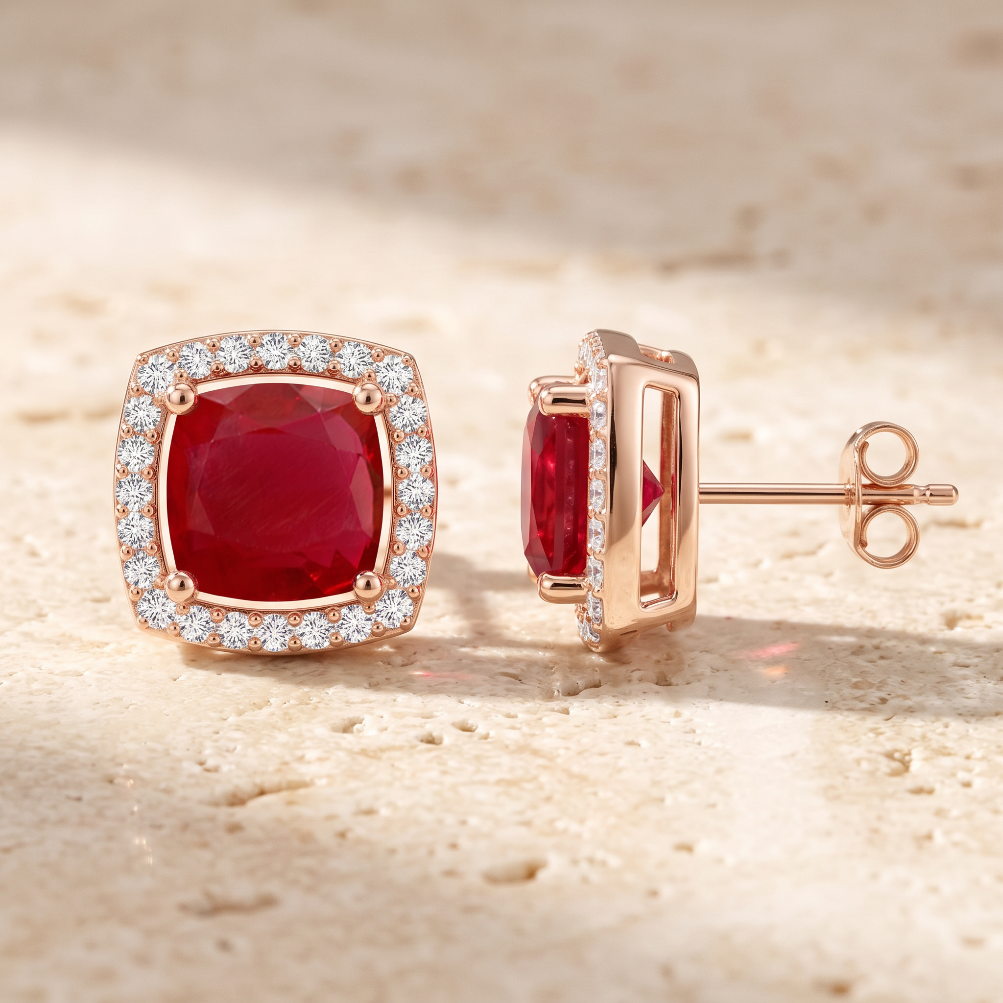 Cushion Ruby Floating Halo Stud Earrings by Angara