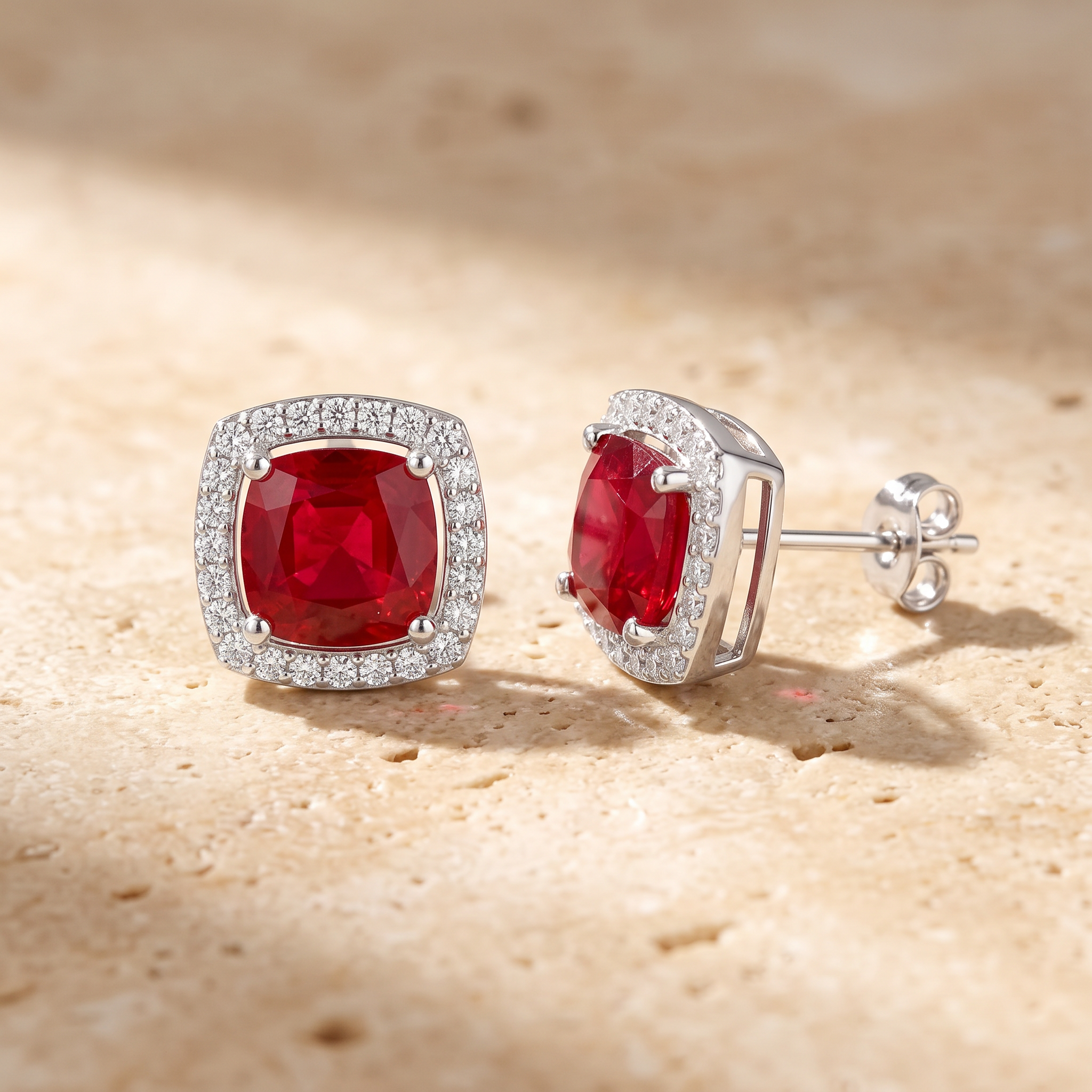 Cushion Ruby Floating Halo Stud Earrings by Angara