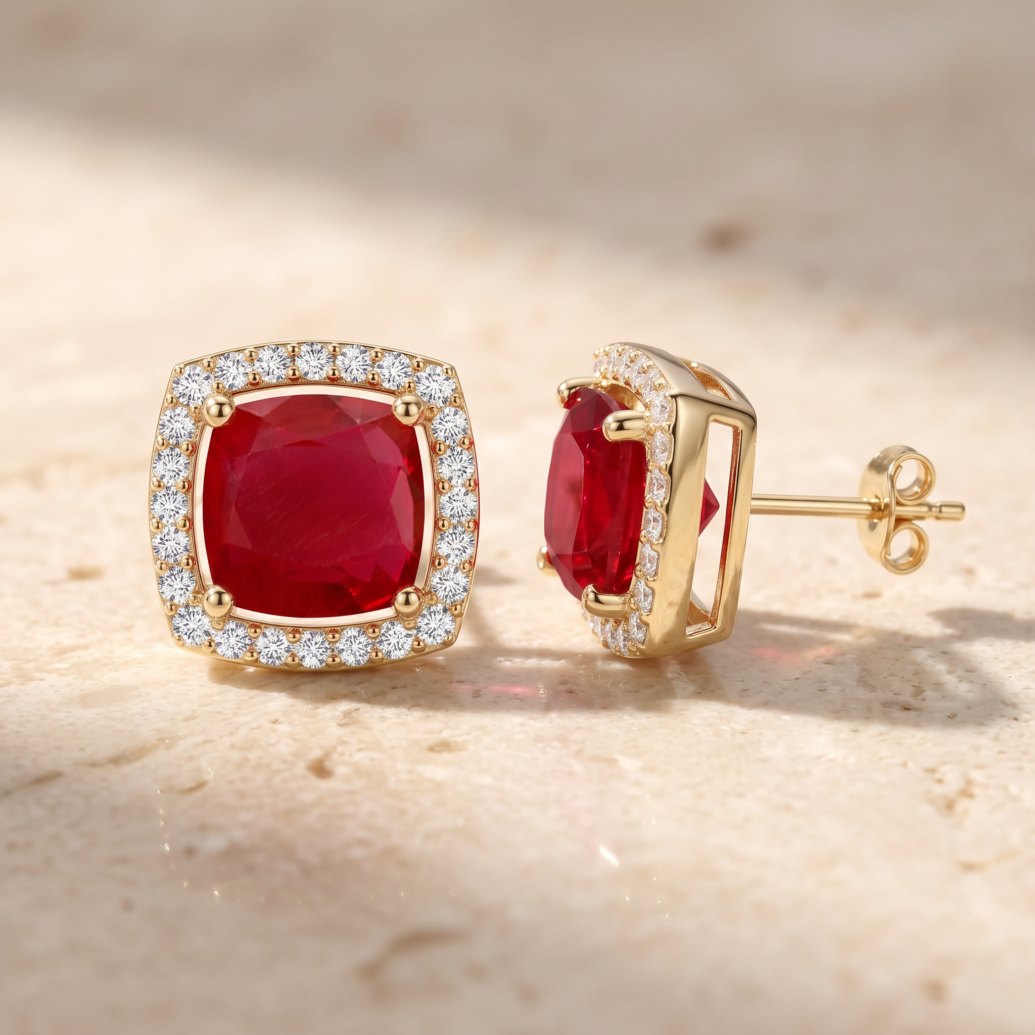 Cushion Ruby Floating Halo Stud Earrings by Angara