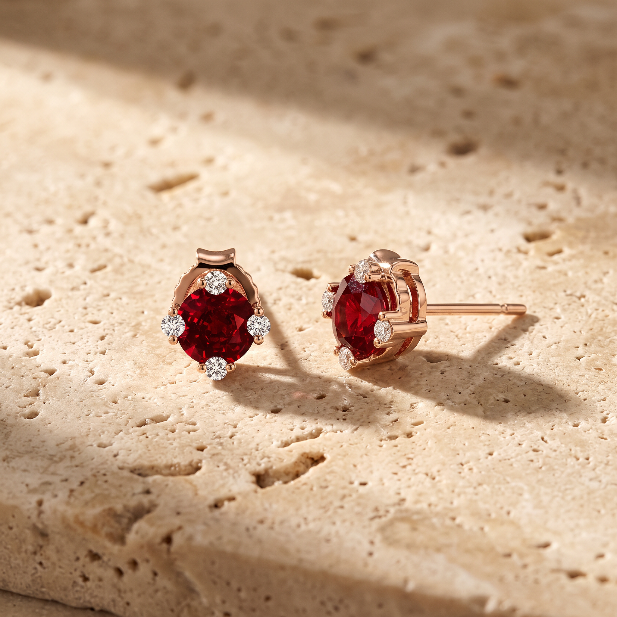 Round Lab-Grown Ruby Stud Earrings with Accents by Angara