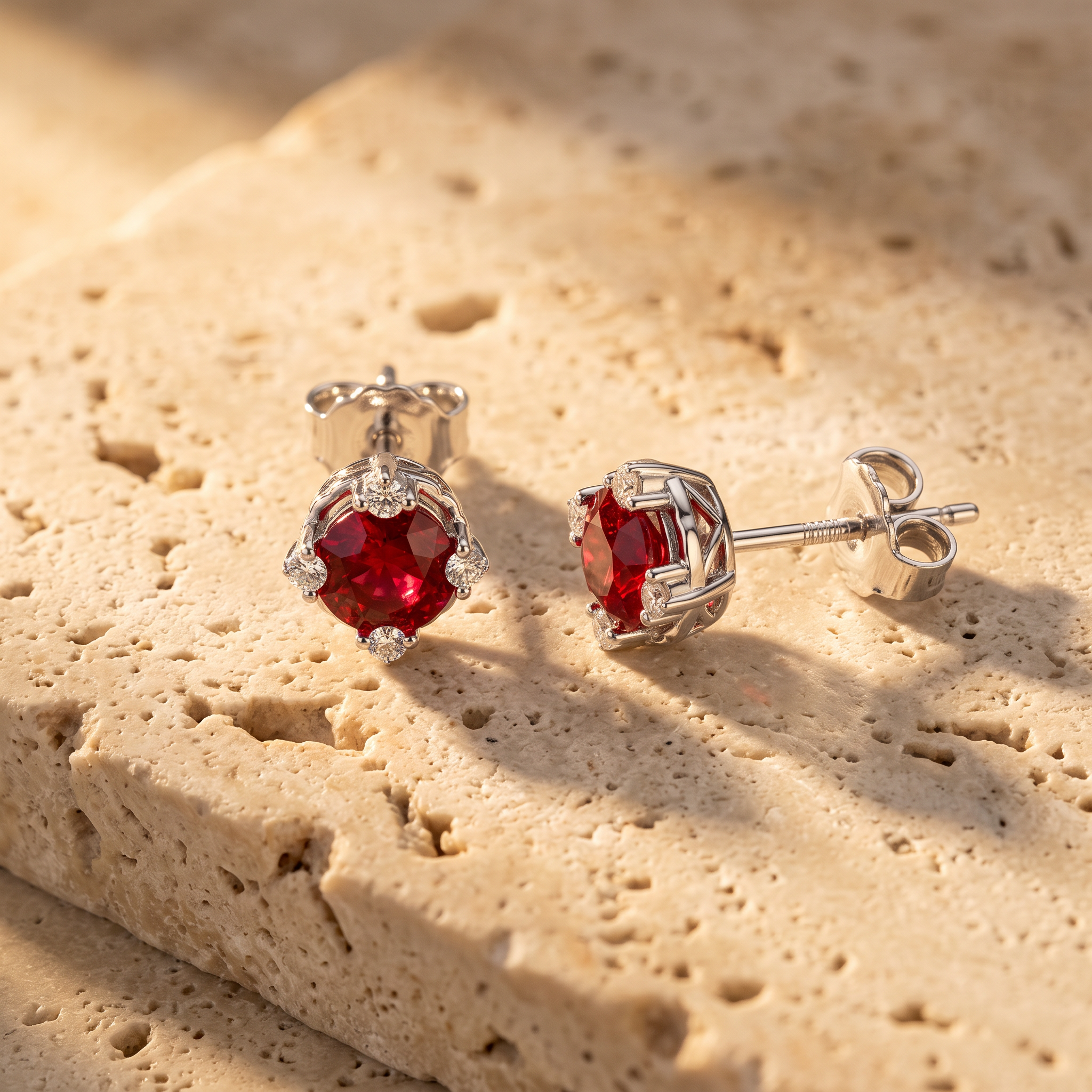 Round Lab-Grown Ruby Stud Earrings with Accents by Angara