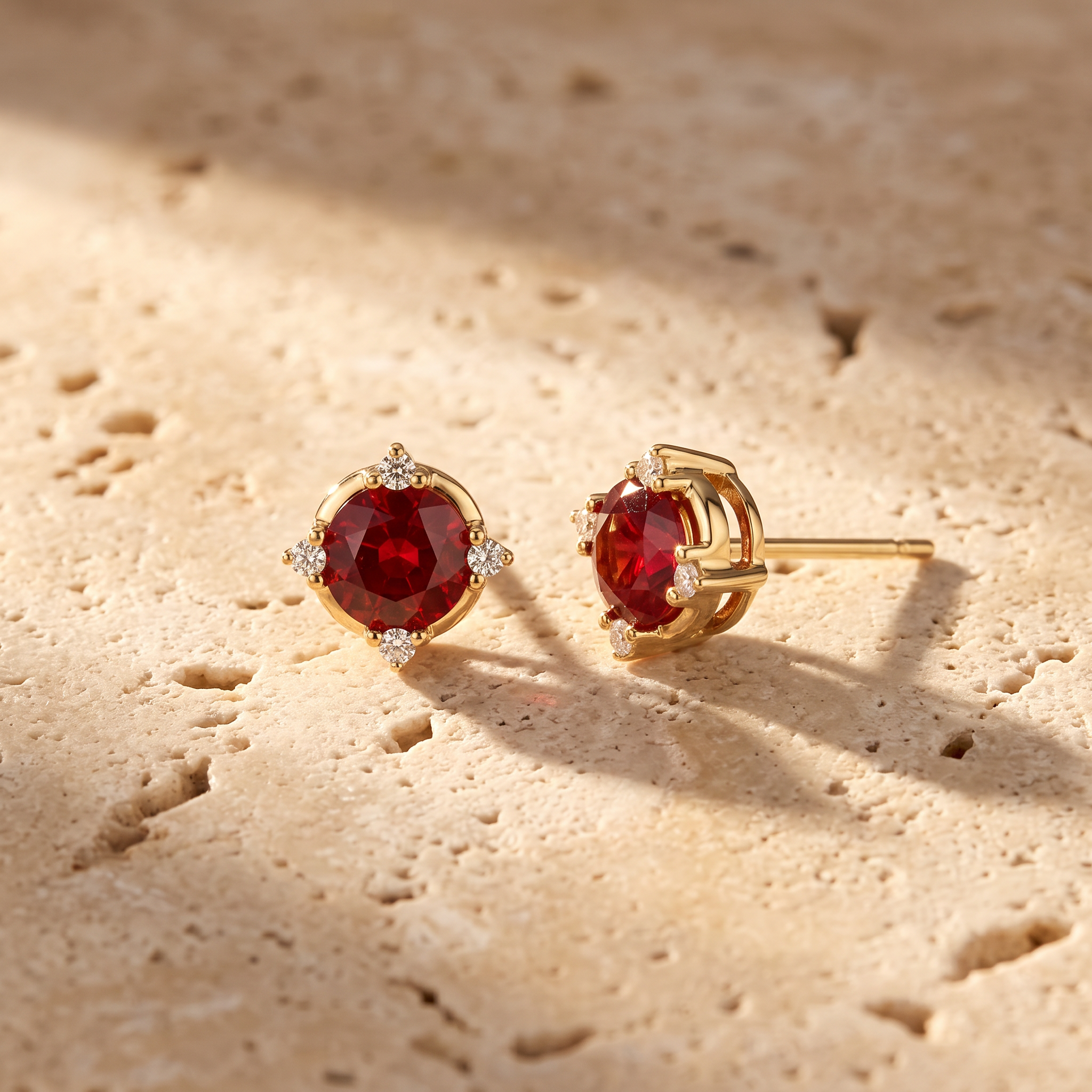 Round Lab-Grown Ruby Stud Earrings with Accents by Angara