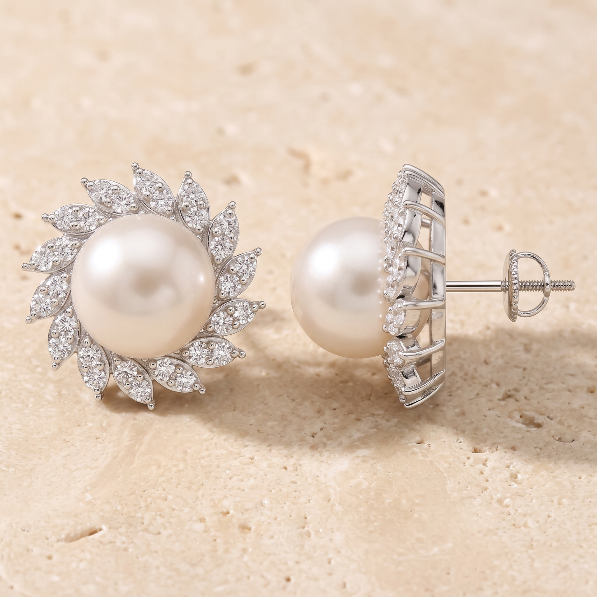 South Sea Pearl Spiral Halo Stud Earrings by Angara