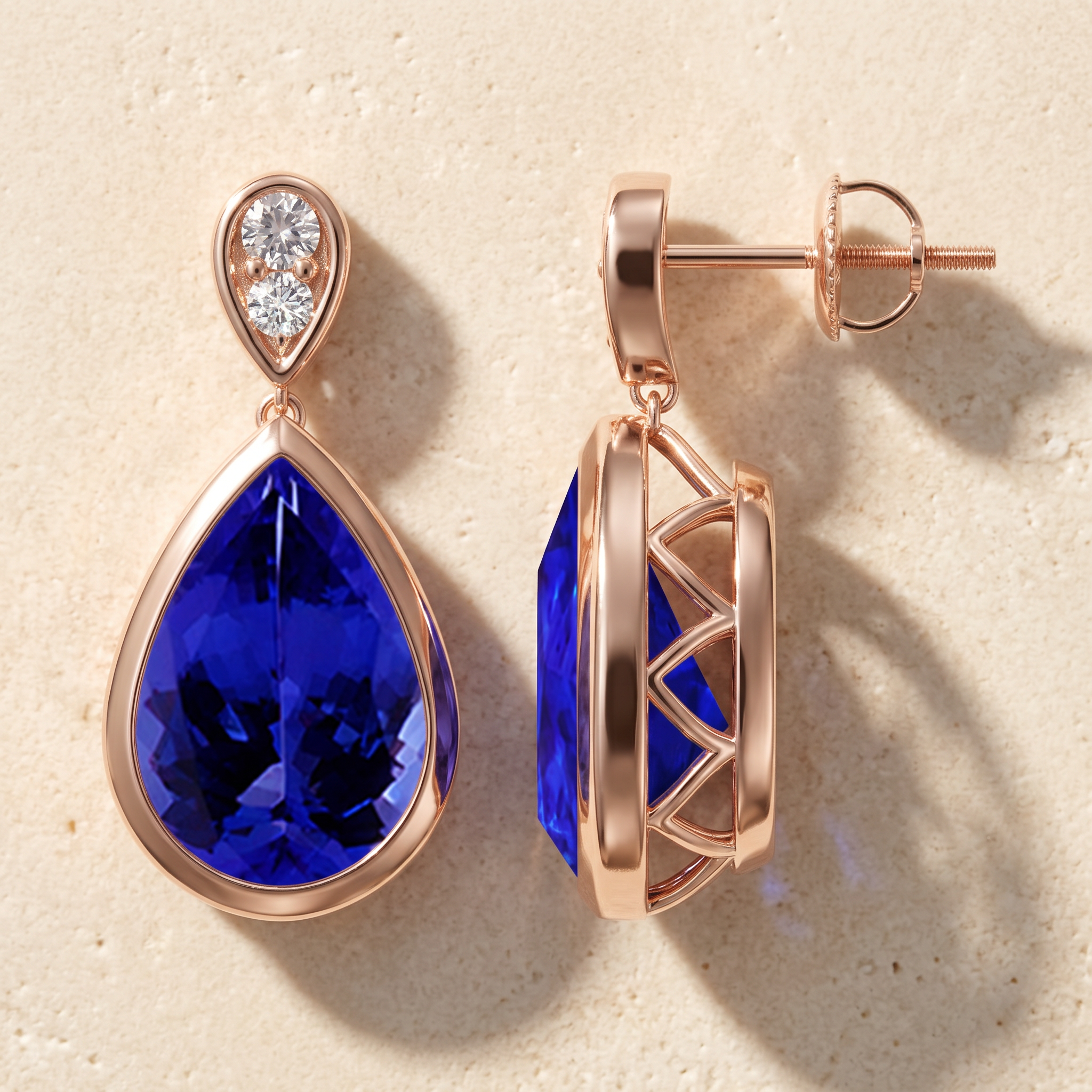 Bezel-Set Tanzanite Teardrop Earrings with Diamond by Angara