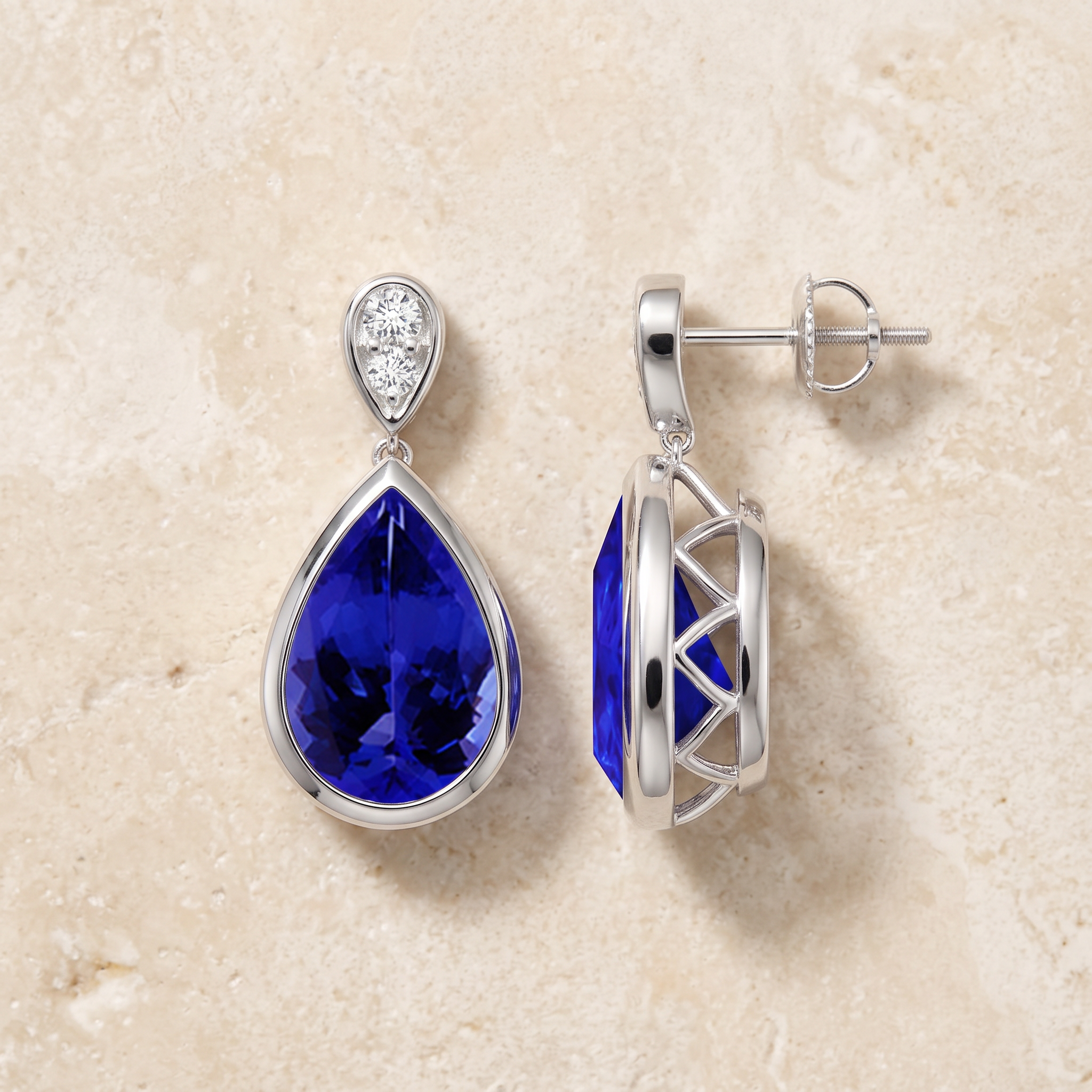 Bezel-Set Tanzanite Teardrop Earrings with Diamond by Angara