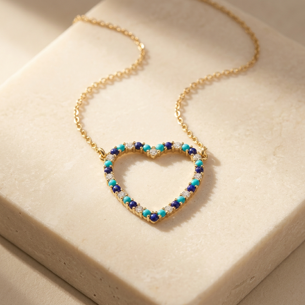 Large Diamond, Turquoise & Lapis Open Heart Necklace by YLANG23