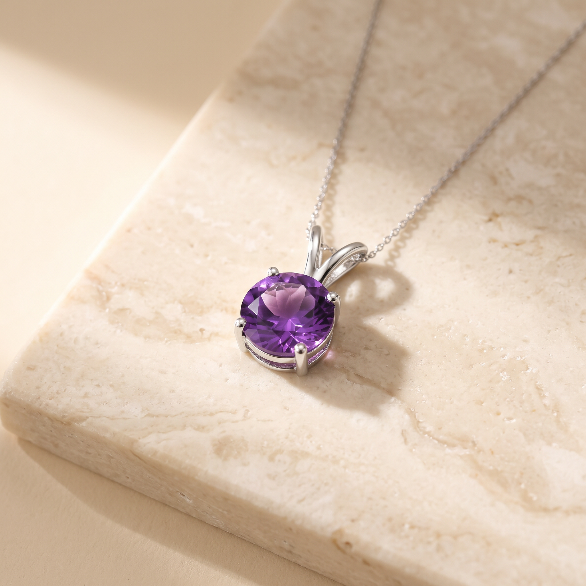 V-Bale Round Amethyst Solitaire Pendant by Angara