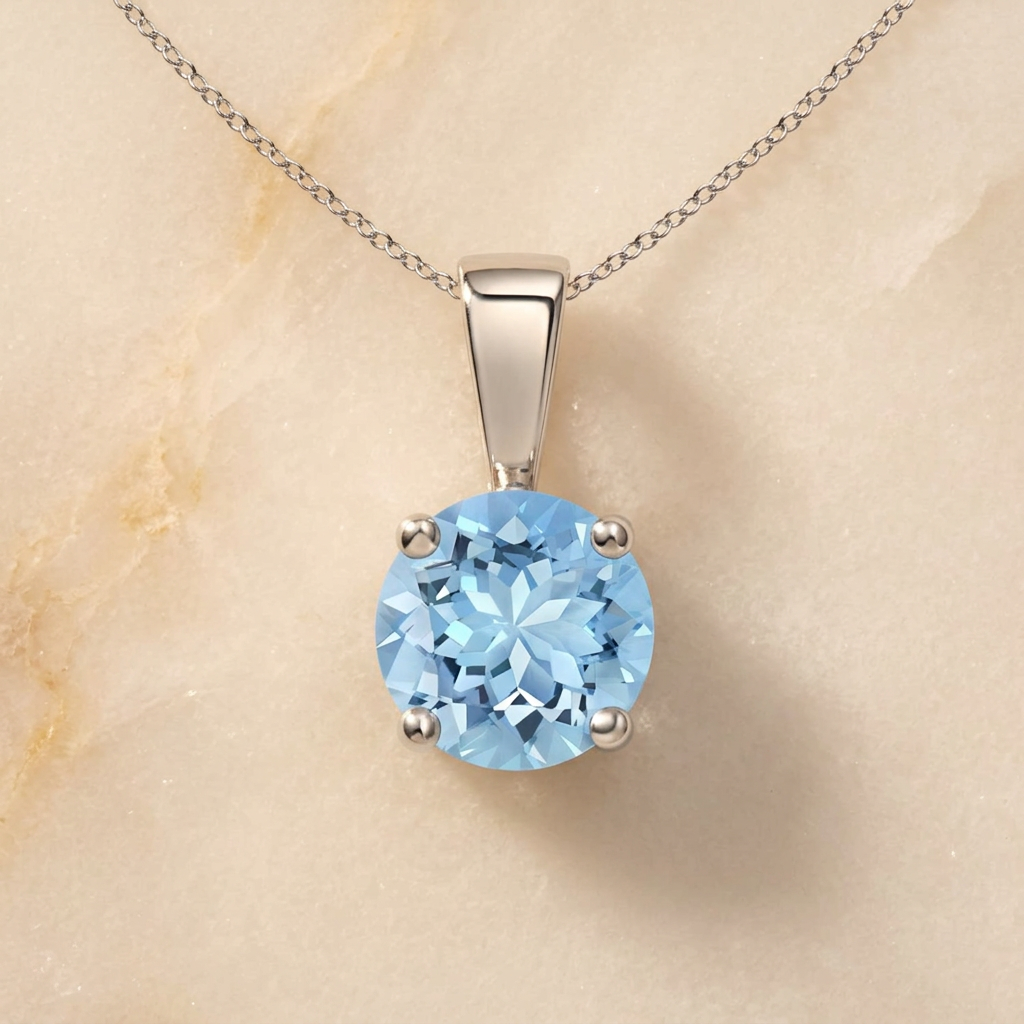 Classic Prong-Set Round Aquamarine Solitaire Pendant by Angara