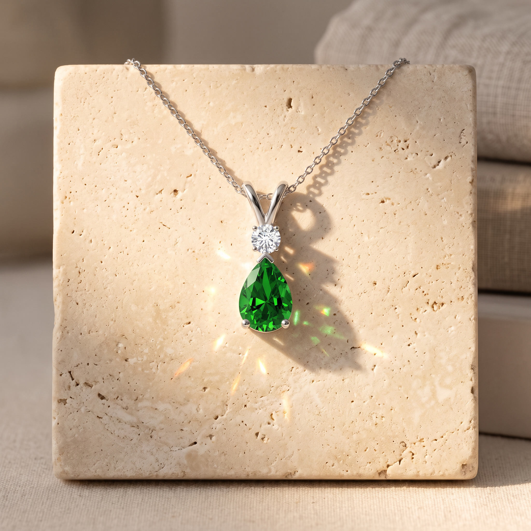 Prong-Set Lab-Grown Emerald Teardrop V-Bale Pendant with Diamond by Angara