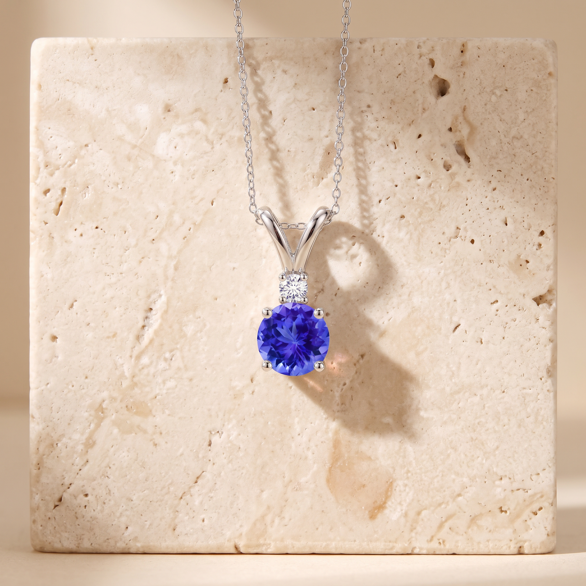 Round Tanzanite Solitaire V-Bale Pendant with Diamond by Angara
