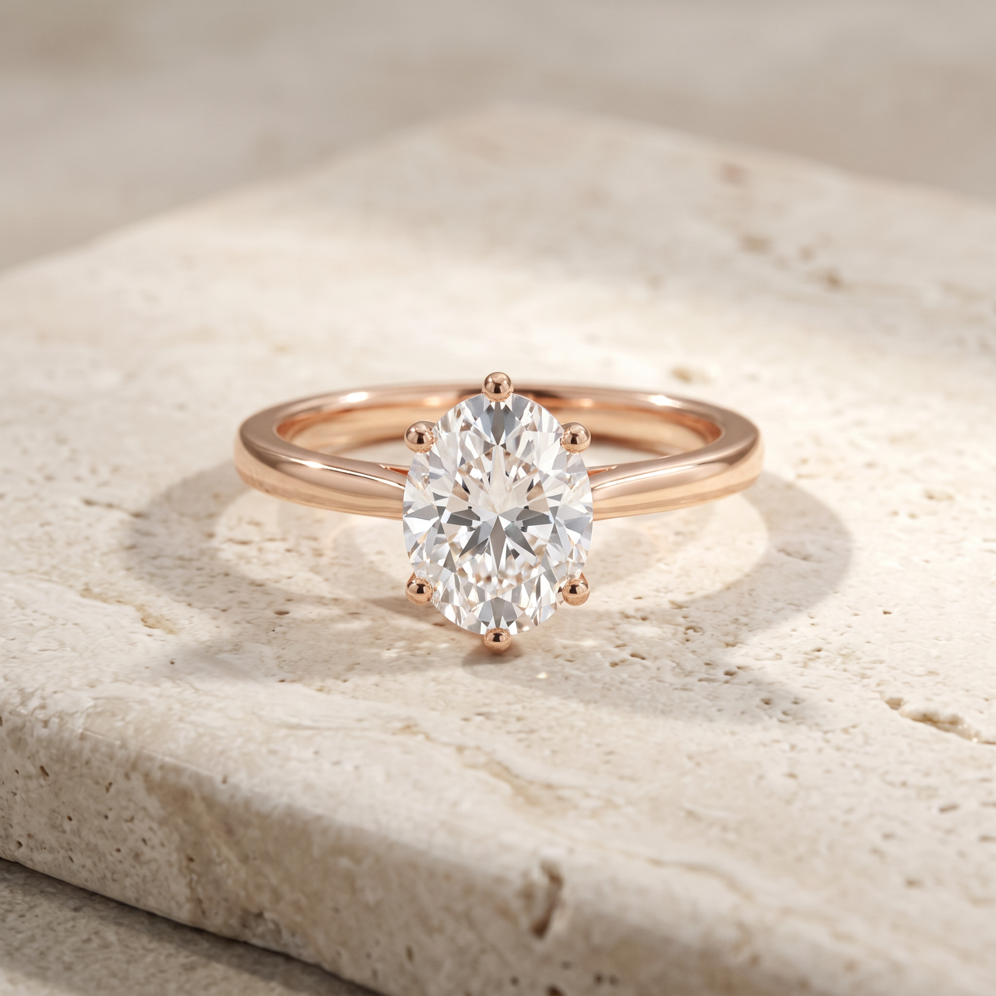 Six Prong-Set Oval Diamond Reverse Tapered Shank Cathedral Ring by Angara