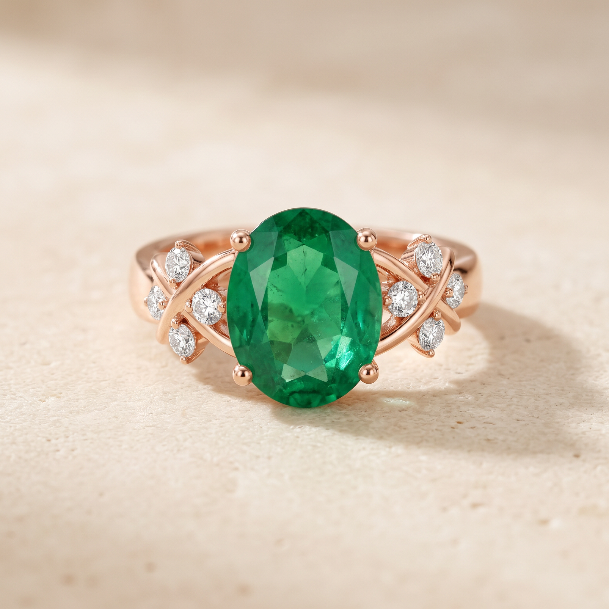 Solitaire Oval Emerald Criss Cross Engagement Ring with Diamonds by Angara