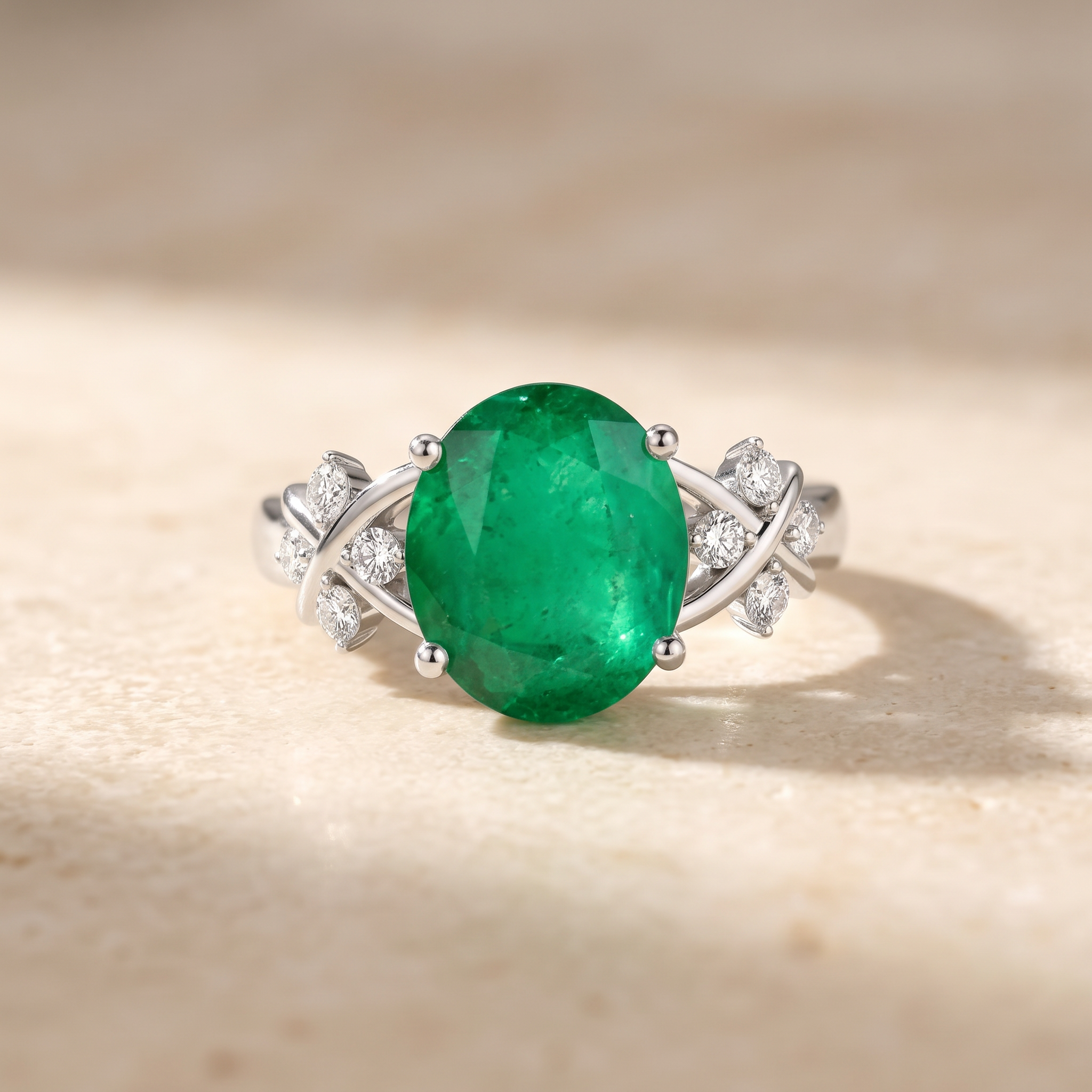 Solitaire Oval Emerald Criss Cross Engagement Ring with Diamonds by Angara