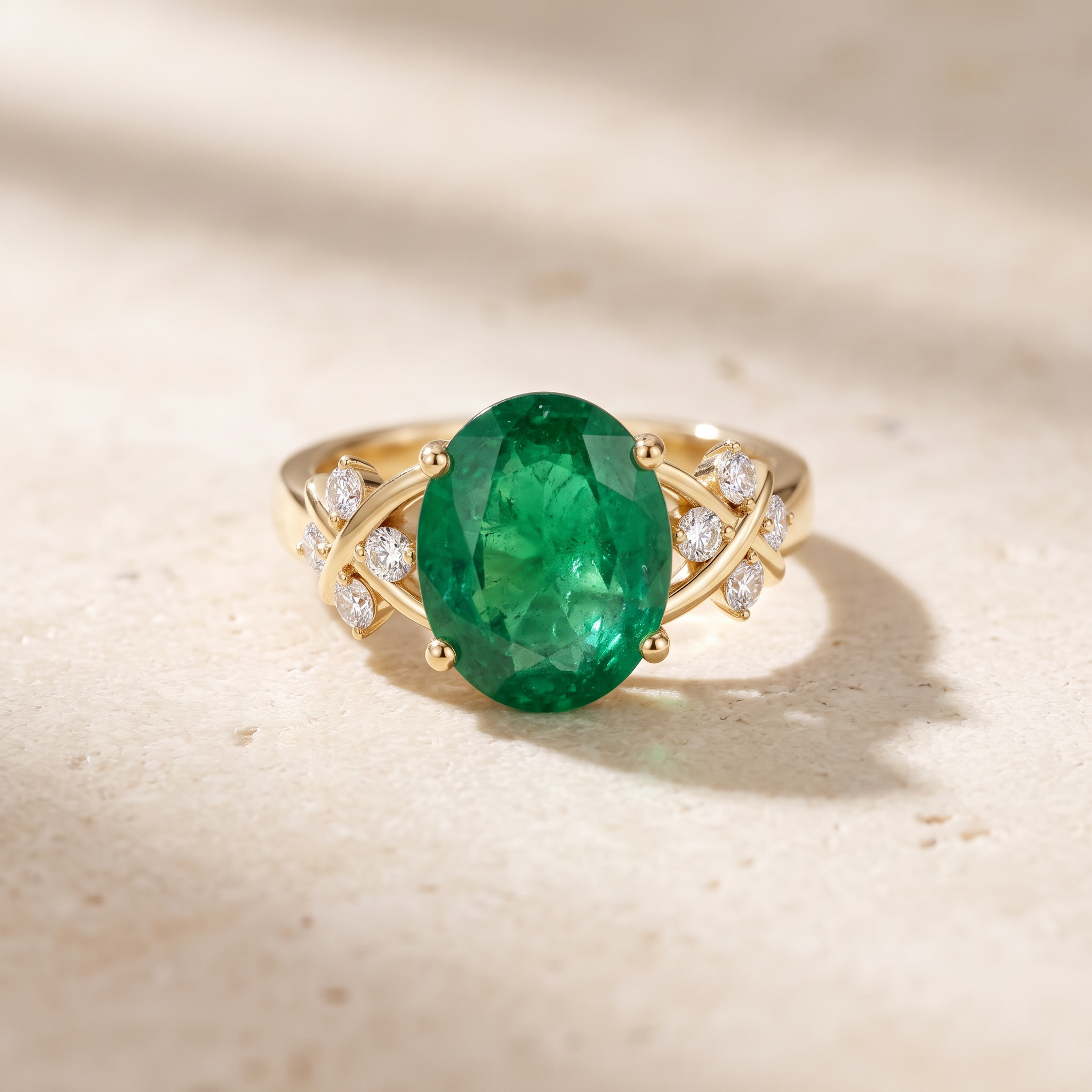 Solitaire Oval Emerald Criss Cross Engagement Ring with Diamonds by Angara