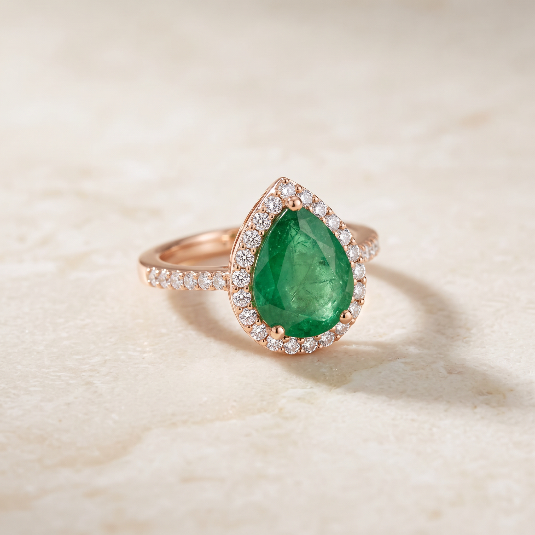 Prong-Set Pear Emerald Engagement Ring with Diamond Halo by Angara