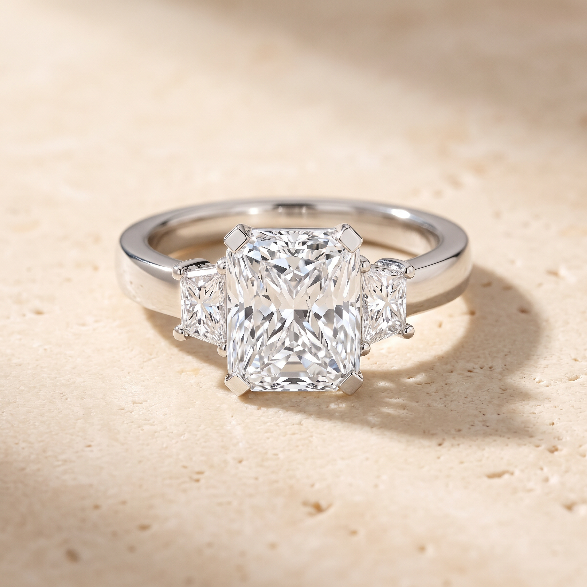 Lab-Grown Radiant-Cut and Trapezoid Diamond Three Stone Ring by Angara
