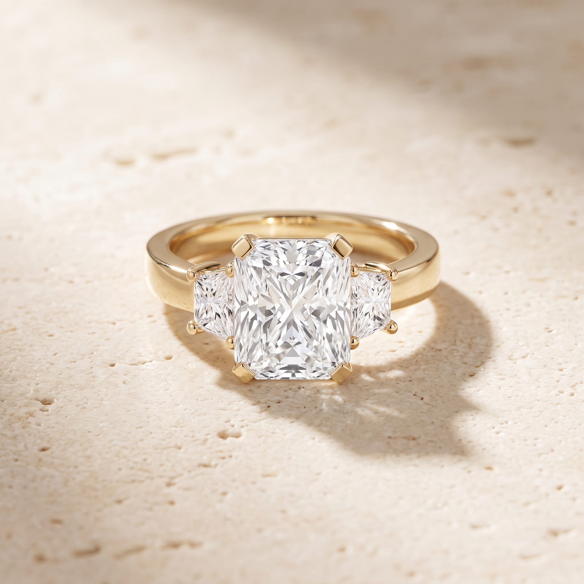 Lab-Grown Radiant-Cut and Trapezoid Diamond Three Stone Ring by Angara