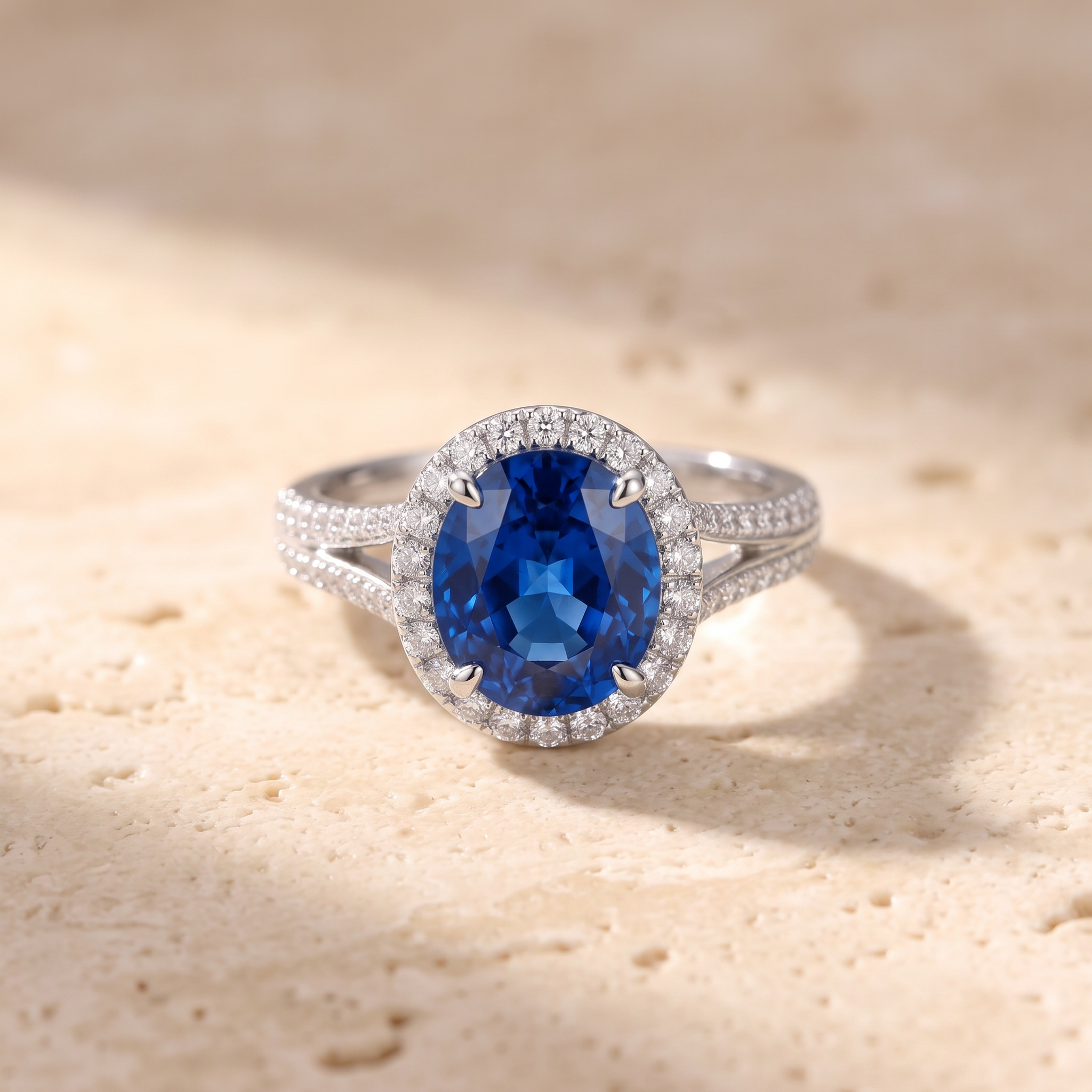 Round Blue Sapphire Halo Engagement Ring with Accents by Angara