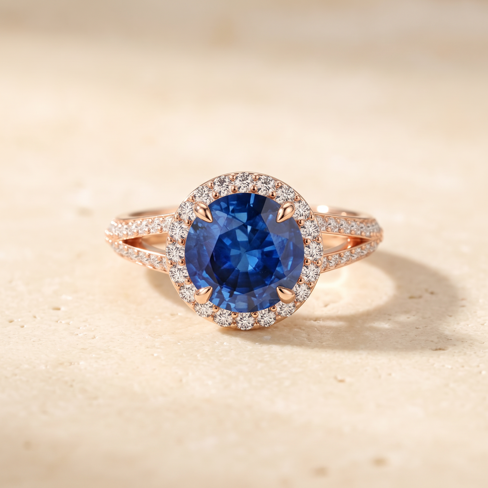 Round Blue Sapphire Halo Engagement Ring with Accents by Angara