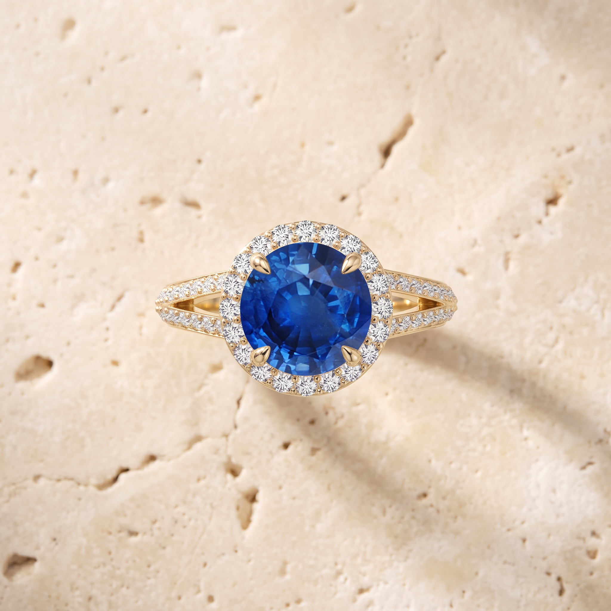 Round Blue Sapphire Halo Engagement Ring with Accents by Angara