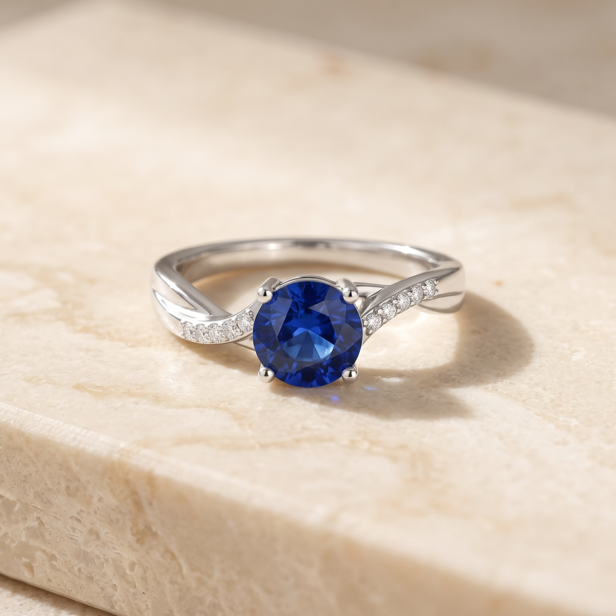 GIA Certified Solitaire Blue Sapphire Twisted Split Shank Ring by Angara