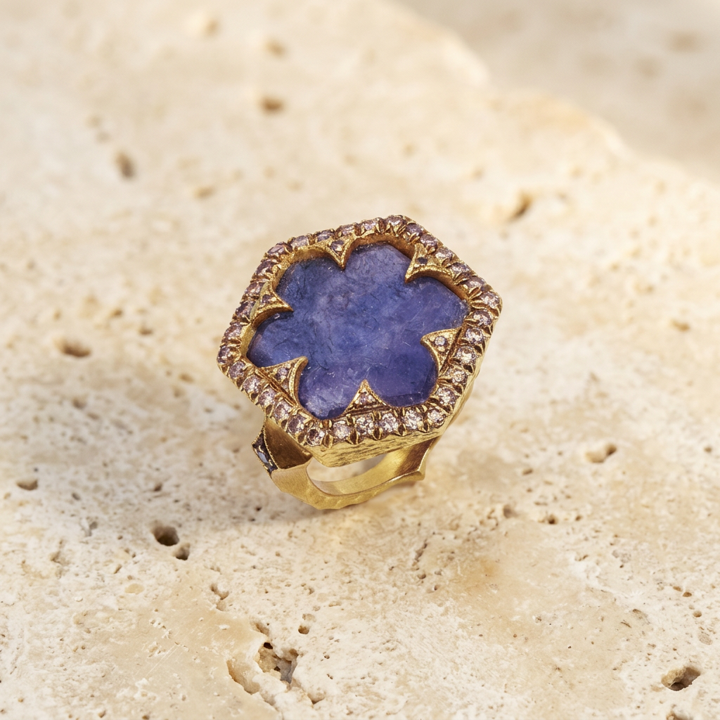 Cognac Diamond Framed Rustic Sapphire Hex Yellow Gold Ring by YLANG23