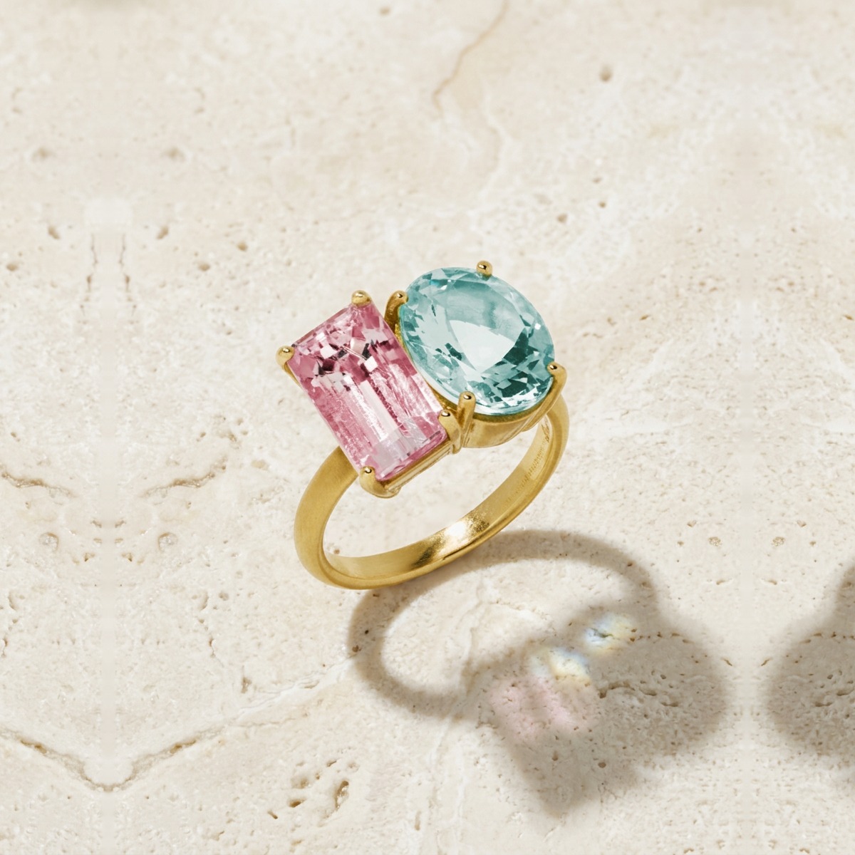 Gemmy Gem Double Stone Kunzite & Aquamarine Yellow Gold Ring by YLANG23